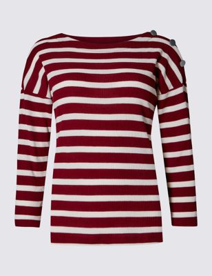 Cotton Blend 3/4 Sleeve Striped Top